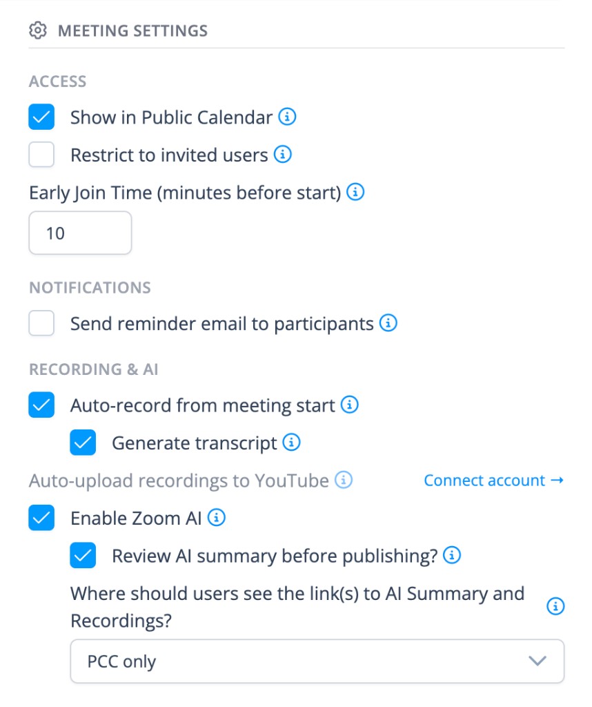 LFX PCC Meeting Settings with the FINOS required options. Send reminder email to participants is optional.